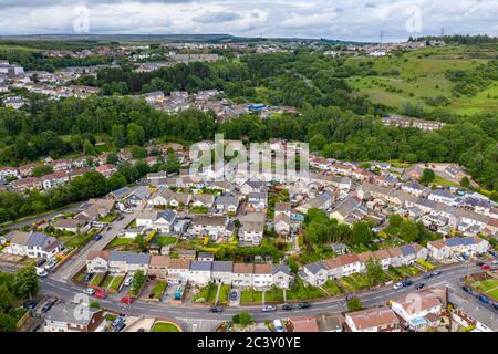 Aerial drone view of a residential area of a small Welsh town surrounded by hills (Ebbw Vale, South Wales, UK) Stock Photo