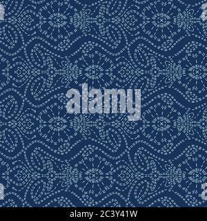 Floral motif sashiko style japanese needlework. Seamless vector pattern. Hand stitch daisy flower indigo blue line texture textile print. Classic Stock Vector