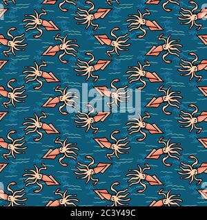 Cute scattered squid in the sea silhouette cartoon seamless vector pattern. Hand drawn ocean life tile. All over print for cephalopod blog, nautical Stock Vector