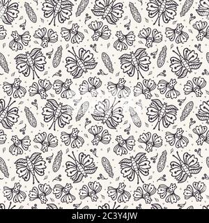 Seamless pattern hand drawn tiny falling leaf butterfly motif background. Stylized leaves ditsy dots allover print. Vector line art swatch Stock Vector