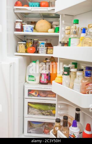 Clean-looking inside of a refrigerator well-stocked with food Stock Photo