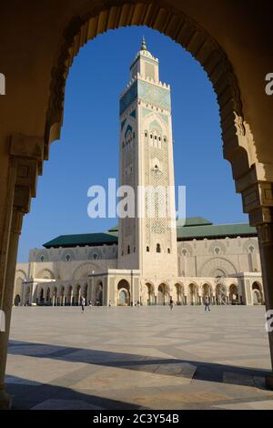 Morocco Casablanca Mosque of Hassan II view south framed by archway