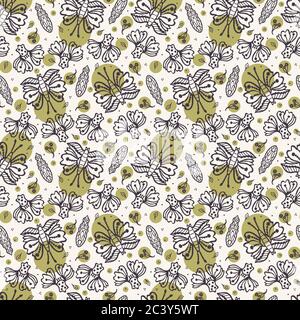 Seamless pattern hand drawn tiny falling leaf butterfly motif background. Stylized leaves ditsy dots allover print. Vector line art swatch Stock Vector