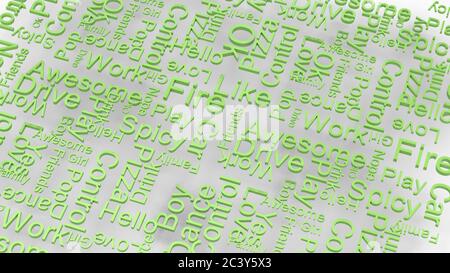 wallpaper green text random words on a light gray background. rain of letters dictionary 3d abstract render illustration isolated. Great for typograph Stock Photo