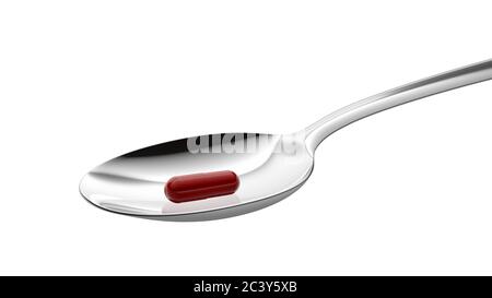 Spoon with red capsule isolated on white background. Closeup. 3d illustration. Stainless steel utensil. Stock Photo