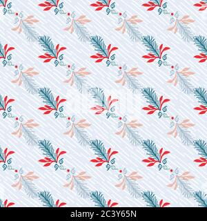 Hand drawn abstract Christmas foliage pattern. Striped fir tree branch, leaves, berries background. Winter holiday all over print. Festive gift Stock Vector