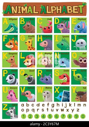 Vector illustration of Animals alphabet for kids. Baby children education. Animal zoo abc alphabet. Stock Vector