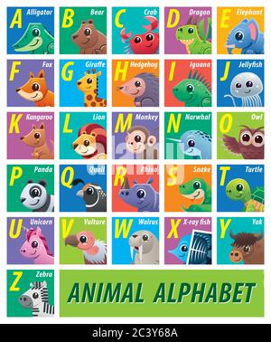 Vector illustration of Animals alphabet for kids. Baby children education. Animal zoo abc alphabet. Stock Vector