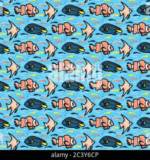 Tropical fish silhouette cartoon seamless vector pattern. Hand drawn ocean life tile. All over print for marine blue tang, angel fish, clownfish blog Stock Vector
