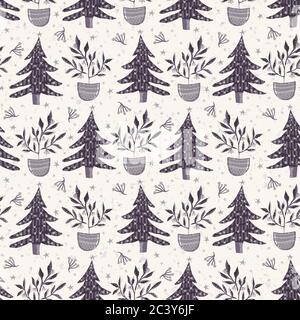 Seamless pattern. Hand drawn stylized Christmas tree. Fir leaf berries plan. Green background. Traditional winter holiday all over print. Festive yule Stock Vector