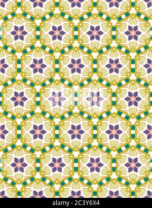 Hand drawn daisy flower mosaic quilt pattern. Vector seamless background. Symmetry geometric floral illustration. Trendy retro geo 1960s style home Stock Vector