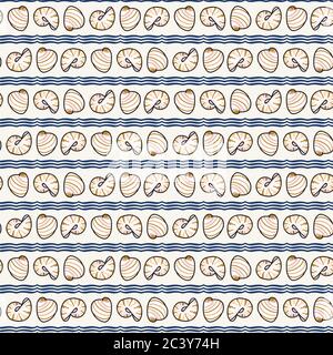 Cute white and blue sea shell stripe cartoon seamless vector pattern. Hand drawn spiral clam tile. All over print for nautical blog, mollusk graphic Stock Vector