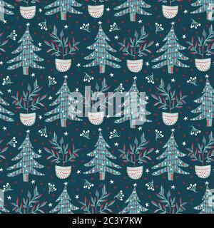 Seamless pattern. Hand drawn stylized Christmas tree. Fir leaf berries plan. Green background. Traditional winter holiday all over print. Festive yule Stock Vector