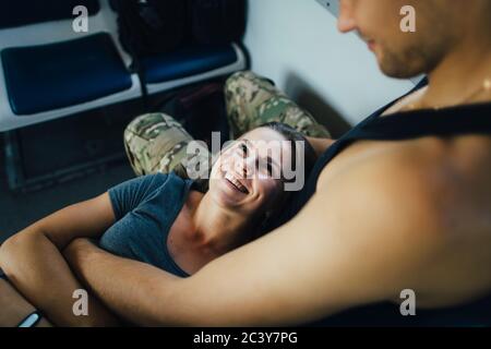 Young couple travelling in train Stock Photo