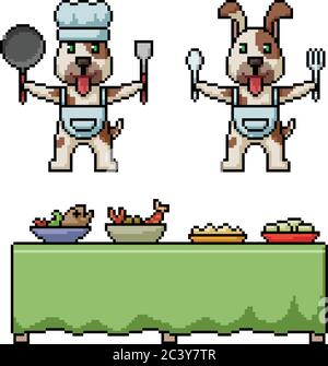 vector pixel art dog restaurant isolated set Stock Vector