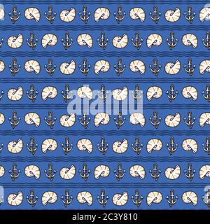 Cute dark blue sea shell stripe cartoon seamless vector pattern. Hand drawn spiral clam tile. All over print for nautical blog, mollusk graphic, ocean Stock Vector