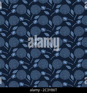 Indigo blue flower motif Japanese style. pattern. Hand drawn dyed floral damask textiles. Decorative art nouveau home decor. Modernist trendy Stock Vector