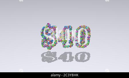 $40 written in 3D illustration by colorful small objects casting shadow on a white background Stock Photo