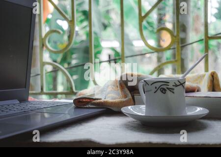A cup of coffee a book and laptop on window sunlight in morning. A daily routine during social distancing period. Stay home, Work from home Stock Photo