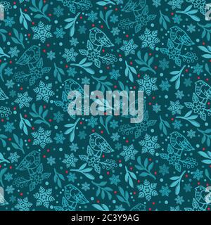 Hand drawn Christmas robin bird with foliage pattern background. Winter holidays gift wrapping paper with berries. Festive green snowflakes Stock Vector