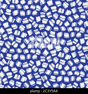 Seamless pattern. Hand drawn broken grunge square background. Monochrome textured brush stroke delft blue white all over print swatch Stock Vector