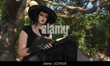 A Wiccan teen wearing a black dress and a witches hat sits in a tree writing in her book. Stock Photo