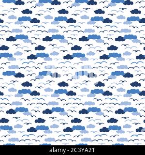 Cute seagull in the blue clouds silhouette cartoon seamless vector pattern. Hand drawn ocean life tile. All over print for birdwatching blog, nautical Stock Vector