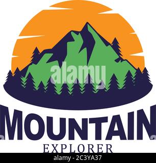 Beauty sunset in the mountain view logo design, mountain explorer logo vector illustration Stock Vector
