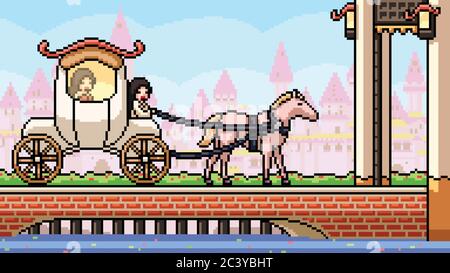 vector pixel art scene fairy tales carriage Stock Vector