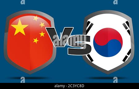 South Korea and China flag and shield ready to fight on trade war, 3d rendering Stock Photo