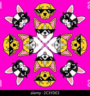 French bulldog, corgi and labrador in sunglasses on neon pink trendy background. Hipster dogs kaleidoscope. Design for greeting card, sticker, poster and t shirts Stock Vector