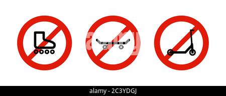 Red prohibition signs scooter, skateboard and roller skate. For your safety Stock Vector