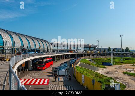 Budapest, Hungary - August 5 2019: Budapest Ferenc Liszt International Airport Terminal 2a departure entrance. Stock Photo