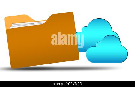 Blue internet cloud icon and yellow folder, 3d rendering Stock Photo