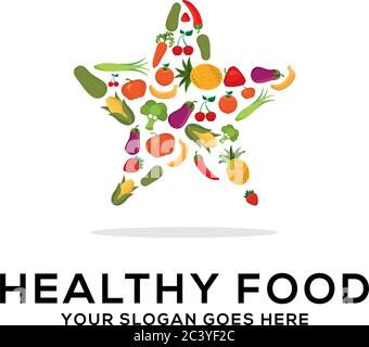 Healthy food logo design vector, fresh fruits and vegetables drawing love vegetarian abstract illustration Stock Vector