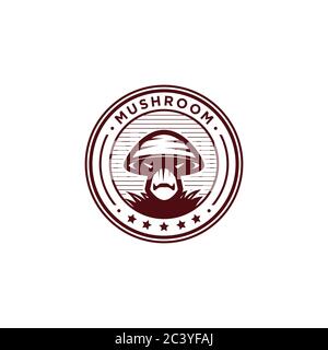 creative badge of mushroom farm logo design, mushroom healthy farm badge and emblem isolated on white background Stock Vector