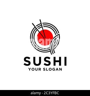 Japanese Sushi Seafood logo design vector, Chopstick and Bowl template, food and beverages vector illustration Stock Vector