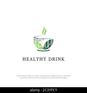 Fresh Healthy drink logo design vector, cup with leaf and smoke flat design inspiration Stock Vector