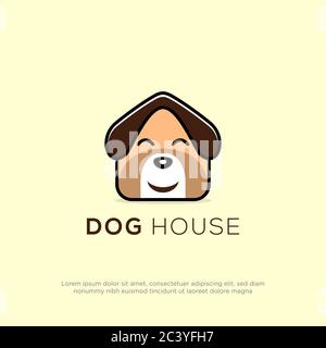 cute dog house logo design, creative dog head cartoon logo inspiration Stock Vector