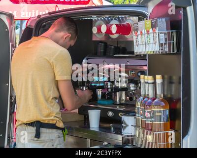 Voronezh, Russia - September 05, 2019: Coffee shop equipped in the trunk of a pickup car