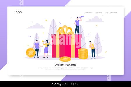 Online reward flat style design vector illustration landing page concept. Big gift box and tiny people standing up and shouting out to the people. Pre Stock Vector