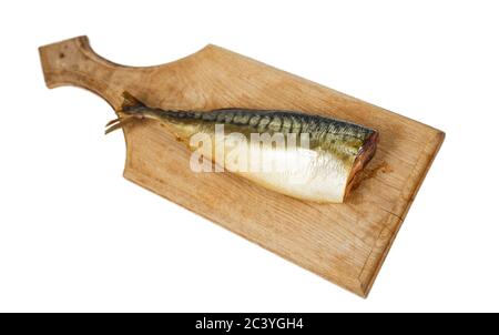 Photo smoked mackerel on kitchen wooden board Stock Photo