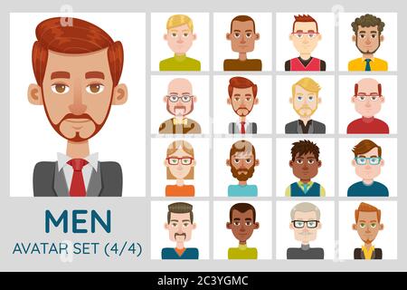 Male avatar set. Collection of 16 avatars with different hairstyles, face shapes, skin color and clothing. Set 4 of 4. Stock Vector