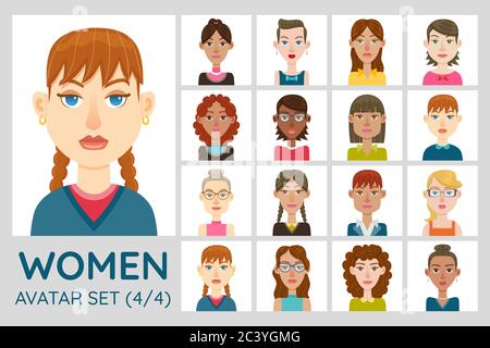 Female avatar set. Collection of 16 avatars with different hairstyles, face shapes, skin color and clothing. Set 1 of 4. Stock Vector