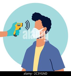 check temperature with laser thermometer to male patient vector illustration design Stock Vector