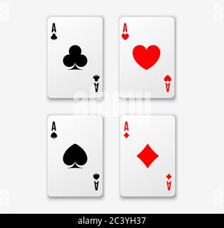 Four aces. Poker winning hand. Hearts, clubs spades and diamonds ace. Realistic card suit illustration on white background Stock Vector