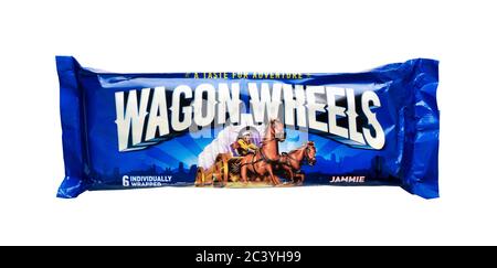 Moscow, Russian Federation - 18 February 2020. Blue Wagon Wheels isolated on a white background. Wagon Wheels consist of two biscuits with marshmallow Stock Photo