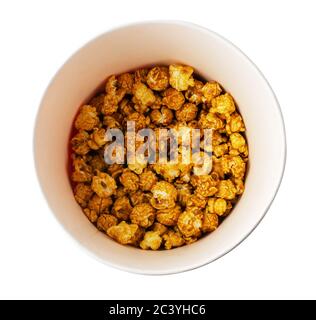 Top view of popcorn in a box isolated on white background Stock Photo