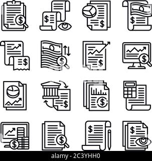 Expense report icons set. Outline set of expense report vector icons for web design isolated on white background Stock Vector