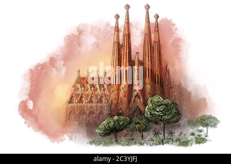 Cathedral at Barcelona, Spain. landmark and tourism symbol. digital church sketch isolated on white background Stock Photo